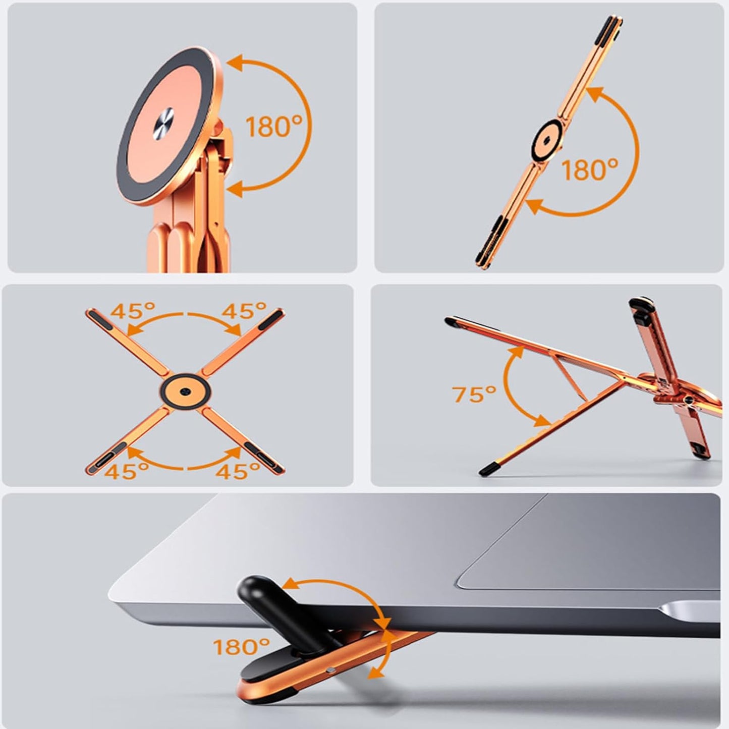 Laptop Stand for Desk, Adjustable Aluminum Alloy Magnetic Foldable Phone Stand, 8 Level Height Adjustable Laptop Stand, 3 in 1 Computer Riser for Phone, Tablet and Laptop