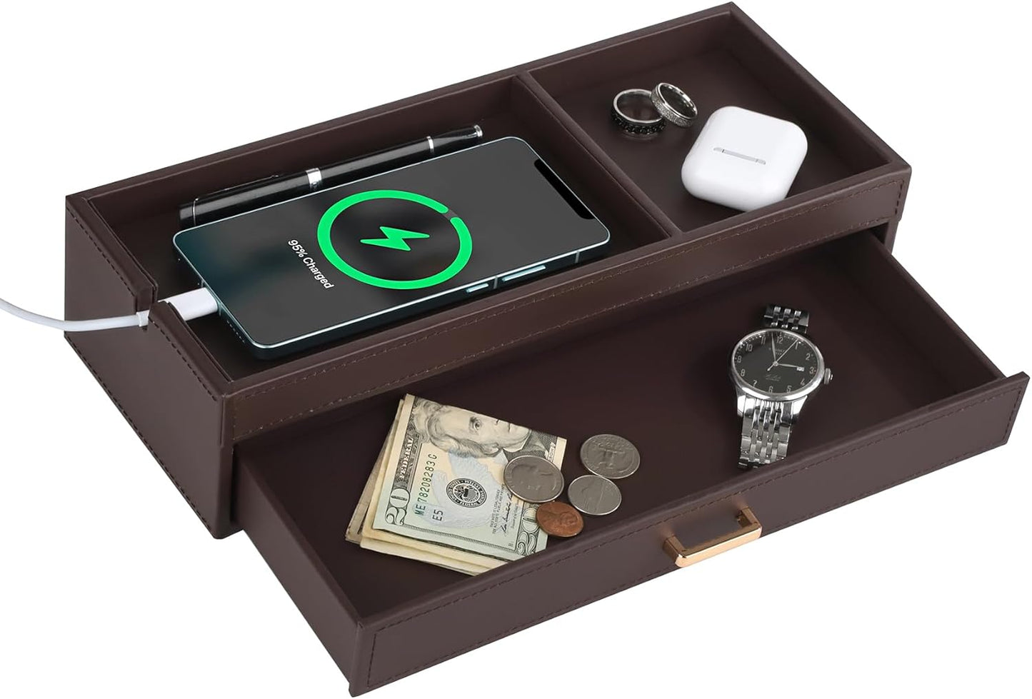 HofferRuffer Valet Jewelry Tray Organizer with Drawer, Faux Leather Storage Catchall Box Phone Charging Station Tray with Dresser Nightstand Desktop Drawer Organizer (Black)