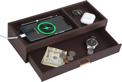 HofferRuffer Valet Jewelry Tray Organizer with Drawer, Faux Leather Storage Catchall Box Phone Charging Station Tray with Dresser Nightstand Desktop Drawer Organizer (Black)