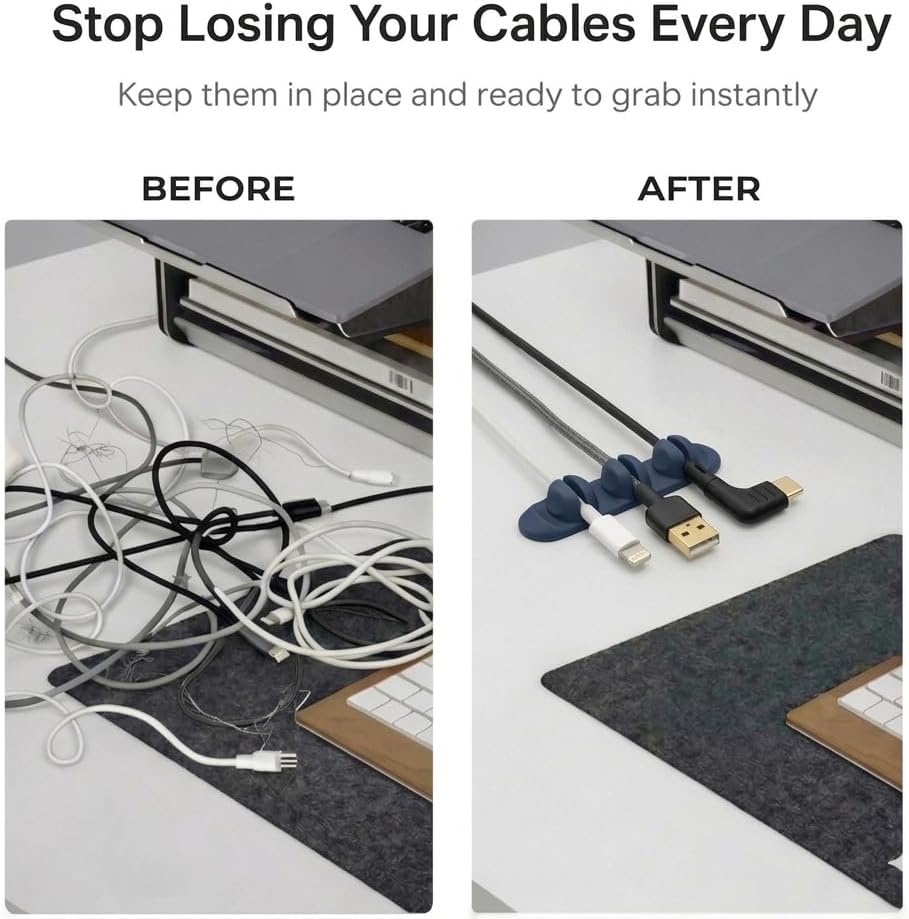 Magnetic Cable Organizer for Desk & Nightstand 3 Clip Cord Holder with One-Hand Access 3M Adhesive Cable Clips, N52 Magnetic Cord Holder for Phone, USB-C & Laptop Cables