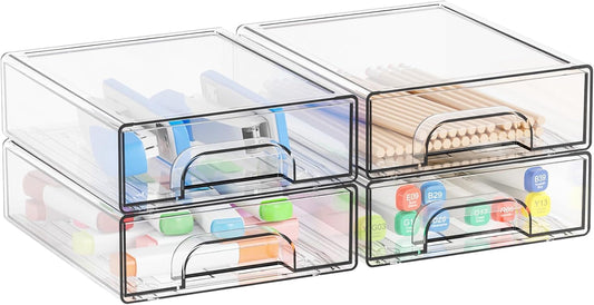 Yieach 2.2'' High Small Clear Stackable Storage Drawers,4 Pack Desk Organization and Storage Bins,Plastic Office Supply Organizer,Acrylic Drawer Storage Organizer for Makeup,Accessory,Pen,Art Crafts