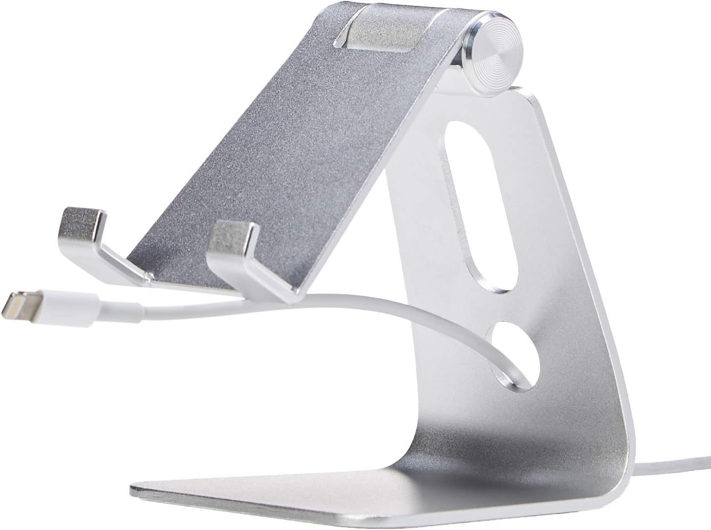 Amazon Basics Adjustable Aluminum Phone Stand for Cell Phones, iPhone and Android, Desktop Phone Holder with Adjustable Angle, Hands-Free Viewing, 3.15 x 2.87 x 3.74 inch, Silver