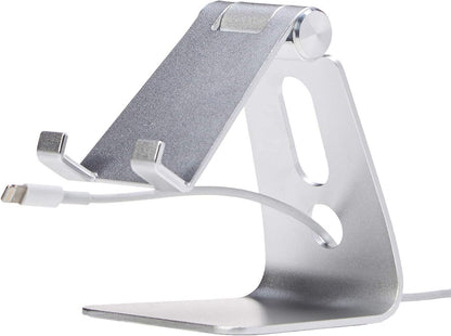 Amazon Basics Adjustable Aluminum Phone Stand for Cell Phones, iPhone and Android, Desktop Phone Holder with Adjustable Angle, Hands-Free Viewing, 3.15 x 2.87 x 3.74 inch, Silver