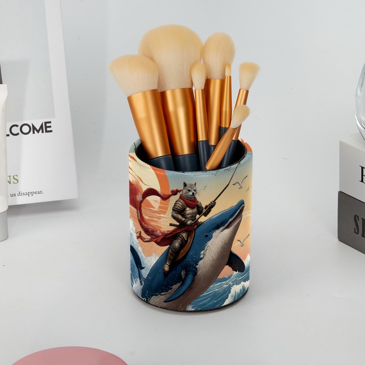 Leather Pen Holder for Desk, Love Cherry Pencil Organizer Pencil Cup Desk Decor Makeup Brush Holder Multifunctional Office Supplies for Home,Office, School