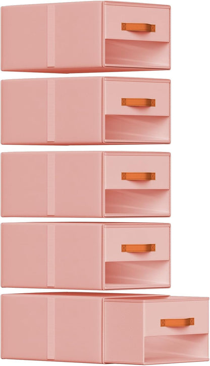 Stackable Storage Drawers - Pull Out Storage Bins with Drawers for Closet Clothes Organizers with Weekly Labels & Clear Window, Closet Shelf Storage for Bedroom, Living Room, 5 Pack, White