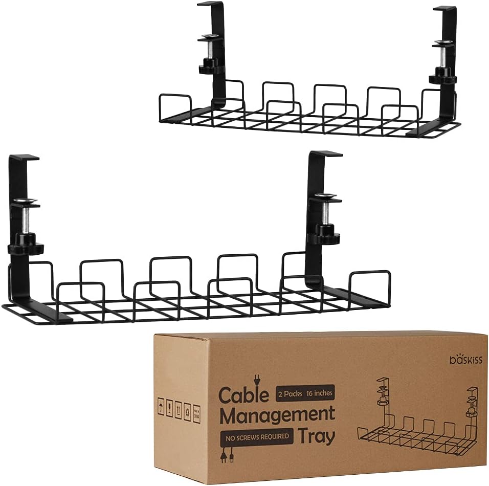 Baskiss Under Desk Cable Management Trays 2 Pack, 16" Clamp Mounted Cord Organizer Holder Wire Organization No Drill Holes Needed for Computer Home Office Standing Tables to Conceal Power Strips