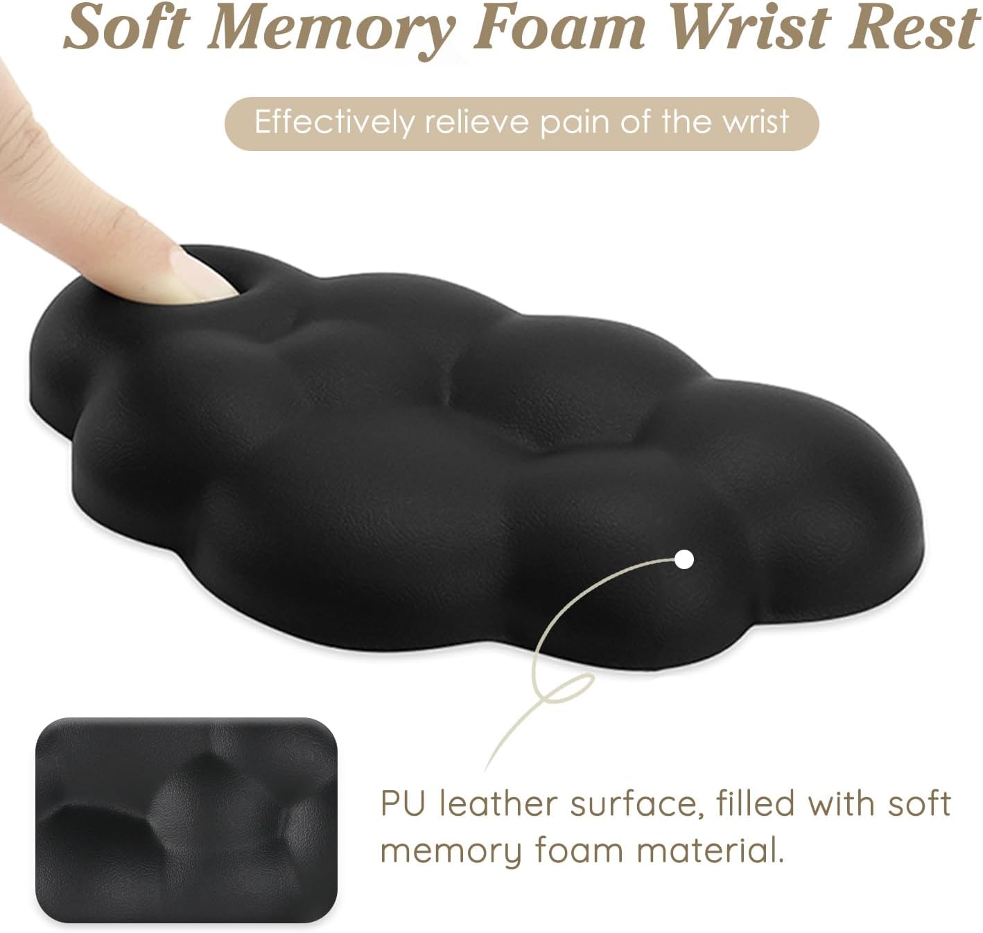 Cloud Wrist Rest Cushion for Mouse Ergonomic Soft PU Leather Memory Foam Wrist Pain Relief Mouse Wrist Support Pad with Anti-Skid Base for Office School Home Laptop & Computer Mouse (Black)