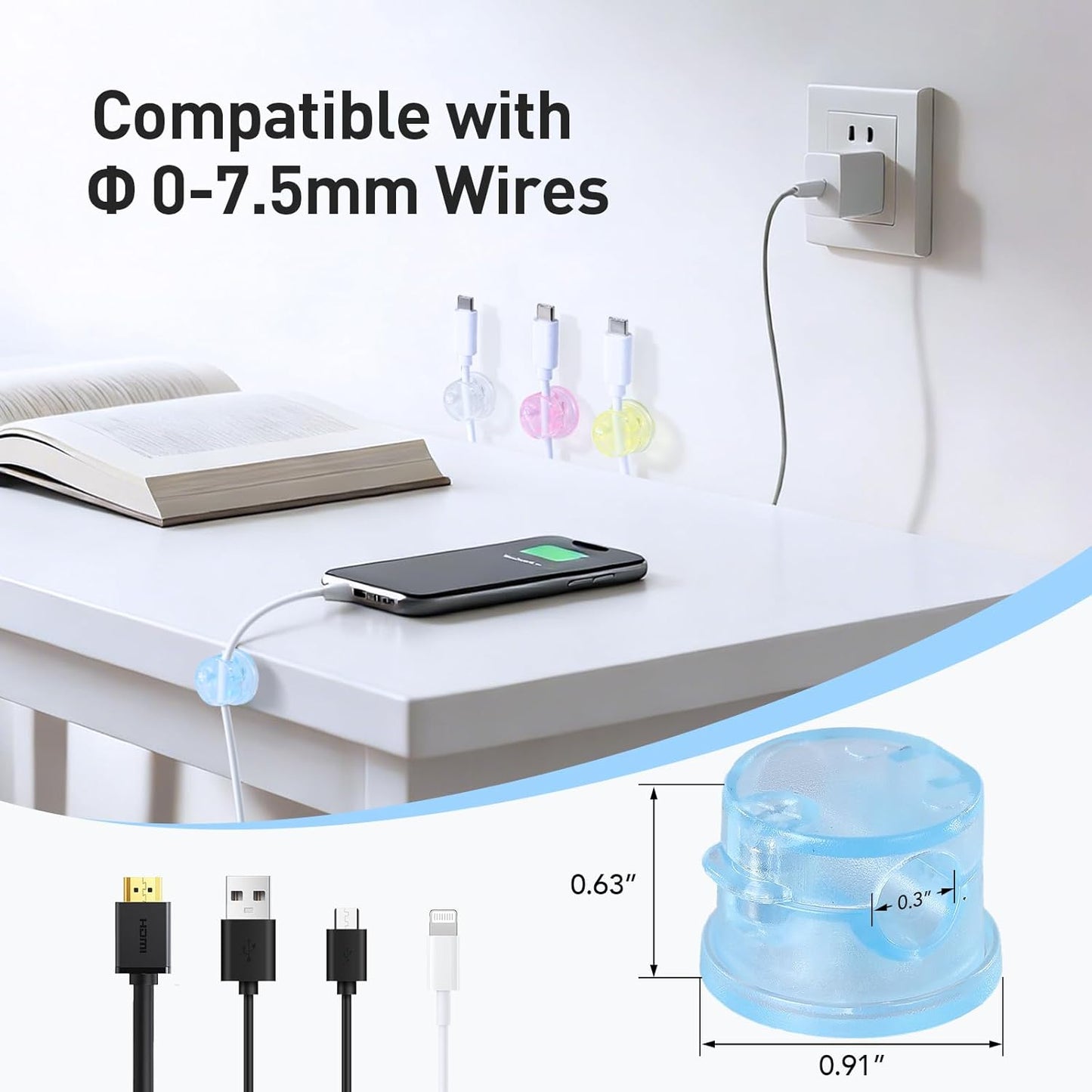 AGPTEK 8 Pack Magnetic Cable Clips, Upgraded 360° Rotatable Cord Holder Clips for Nightstand, Desk Cord Organizer Adhesive Wire Management Home Office Phone Charging Cords USB Cable Keeper (Clear)