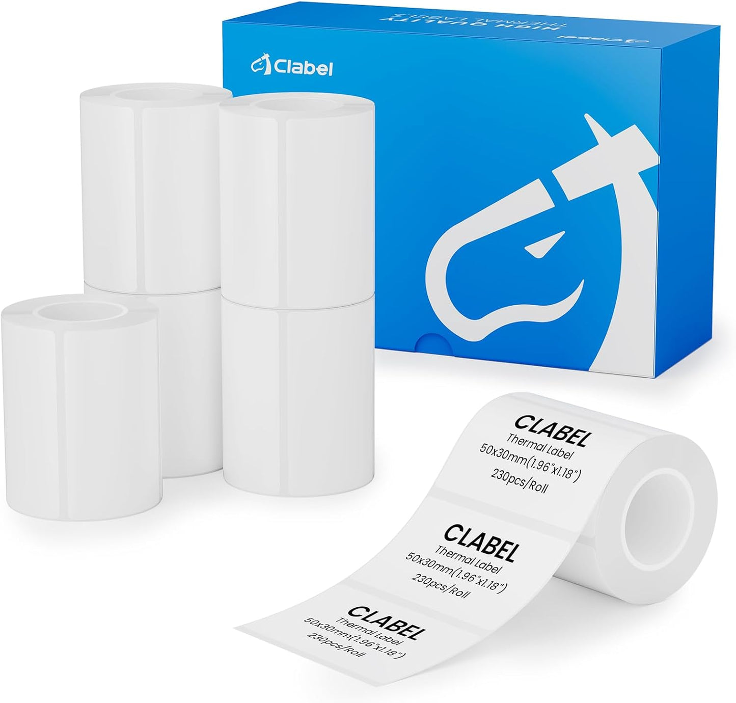 Clabel Printable White Cable Labels 6 Rolls of Thermal Self-Adhesive Paper Labels Tape, 25x78mm (1"x3") 100 Sheets Per Roll, Black Print on White Sticker Tags Durable