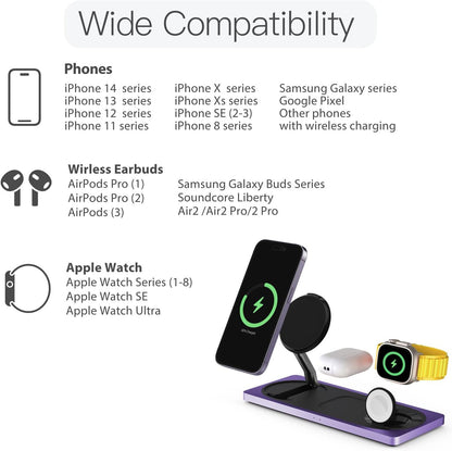 3-in-1 Charging Station for Apple Devices: Used for iPhone and Watch Charging Station with Magsafe Charger Stand, Wireless Charger for iPhone 17 Air 16 15 14 13 Series, Apple Watch Ultra, AirPods Pro