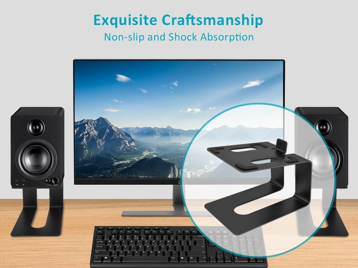 Monoprice Tilted Metal Desktop Bookshelf Speaker Stands Risers Pair with Vibration Absorption Pads, Supports up to 33lbs with 10° of Tilt, Perfect for Most Fit Bookshelf Speakers and Studio Monitors