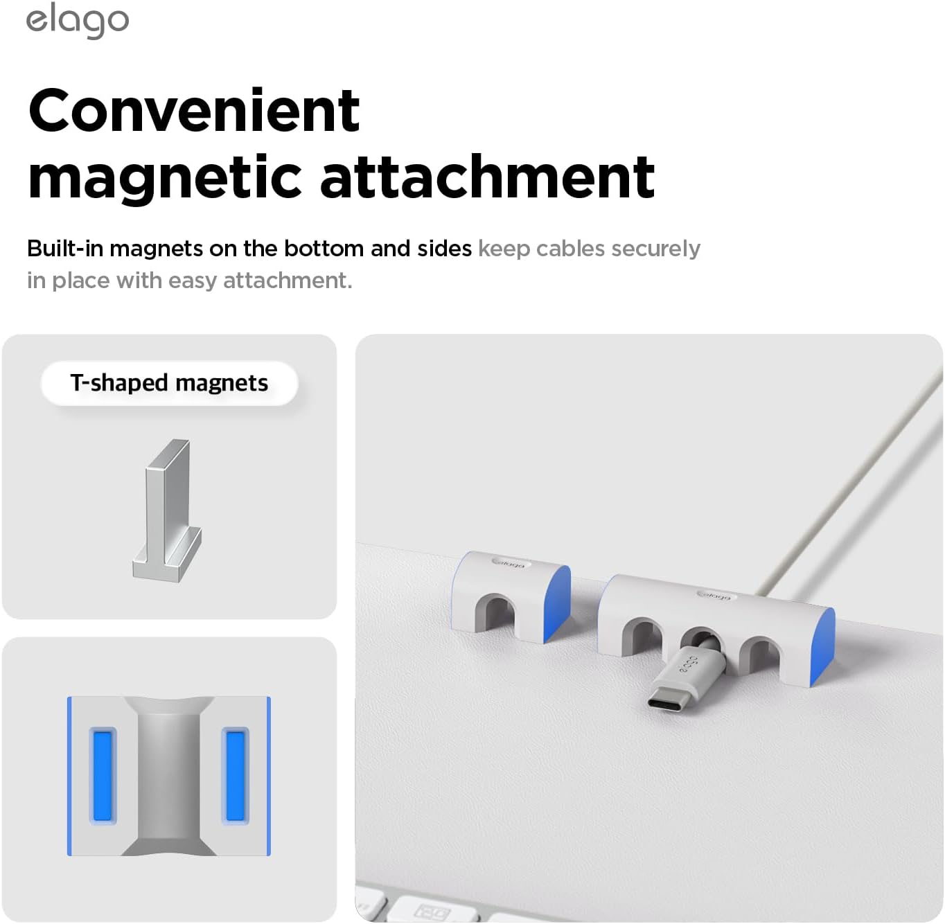 elago Magnetic Cable Management Organize 4 Cables, Powerful Magnets, Wire Holder Keeper Organizer Phone Home Office Desk Compatible with Magnetic Pad (1 Slot +3 Slot Set)[Stone]