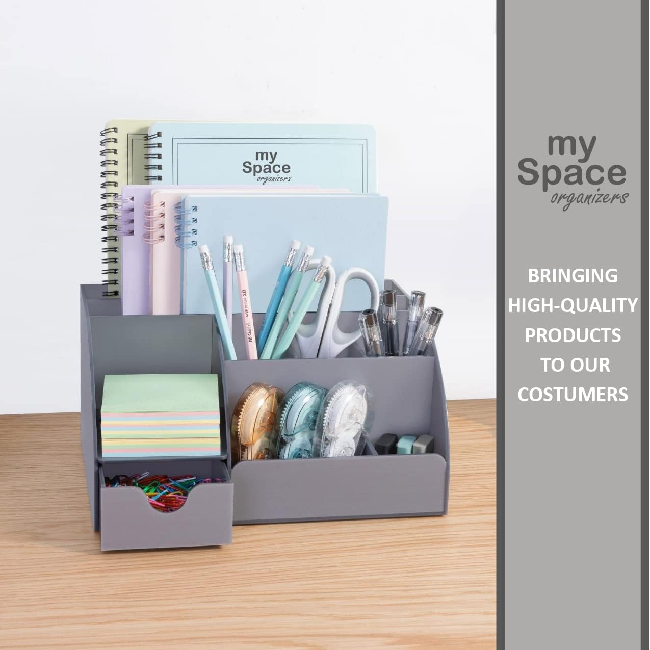 My Space Organizers Clear Acrylic Desk Oganizer, 9 Compartments, Office Supplies and Desk Accessories Organizer, Home Decor Desktop Organizer (Clear)