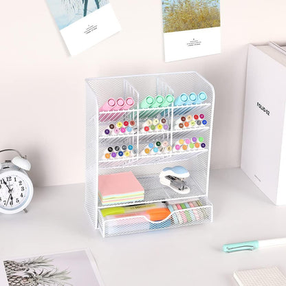 Spacrea Pen Holder Desk Organizer - Desk Organizers and Accessories, Pencil Holder with 10 Compartments and 1 Drawer（Rose Gold）