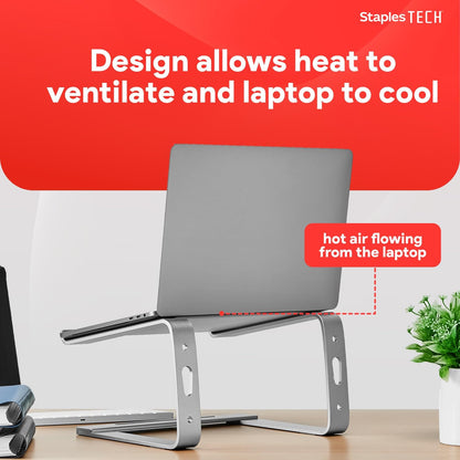 Staples TECH Adjustable Aluminum Laptop Stand – Fits 11"–17" Laptops, Ergonomic Eye‑Level Riser with Ventilated Cooling & Anti‑Slip Base, Silver