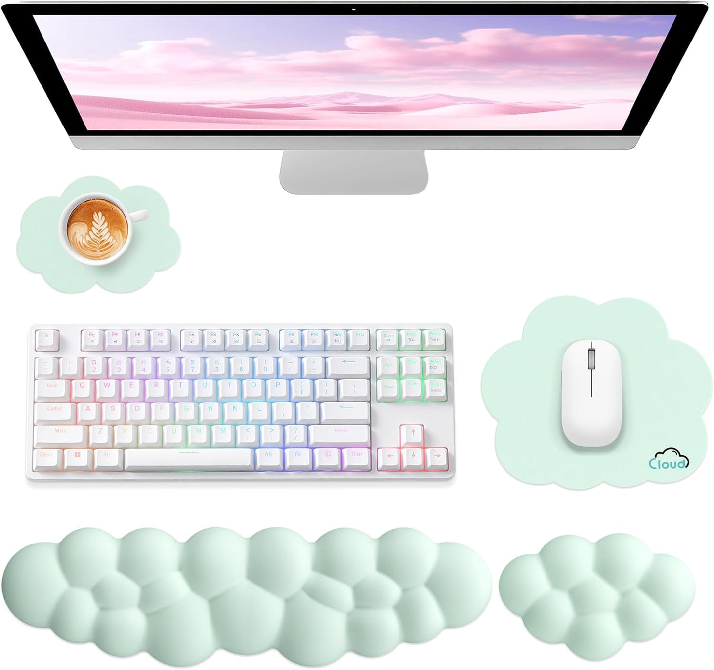 Sushret Cloud Wrist Rest for Computer Keyboard, 4-in-1 Memory Foam Leather Cloud Keyboard Wrist Rest and Mouse Pad Set with Ergonomic Support for Arm and Palm Cushion, Gaming/Work Setup, Rainbow