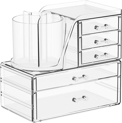 Clear Acrylic Makeup Organizers for Vanity,Countertop,3 Pack Make up Drawer Organizer With Makeup Brush Holder,Plastic Skincare Organizers for Hair Accessories,Beauty,Hair Products,Bathroom,Dresser