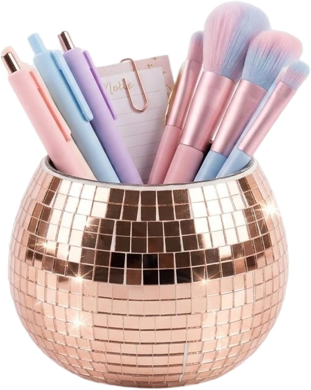 Disco Ball Makeup Brush Holder & Pen Cup - Fun Desk Accessories for Office, Cute Aesthetic Room Decor, 4.7 inch Unique gift vase for Her (rosegold)