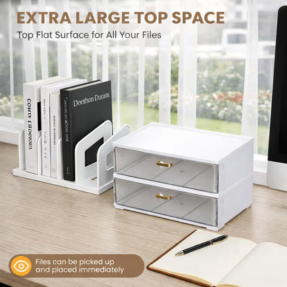 LALOBLUE Acrylic Desk Organizer with Drawer and Vertical File Holder, Desk Organizers and Accessories, Multi-Functional Office Supplies Organizer for Home or Work Desk, White