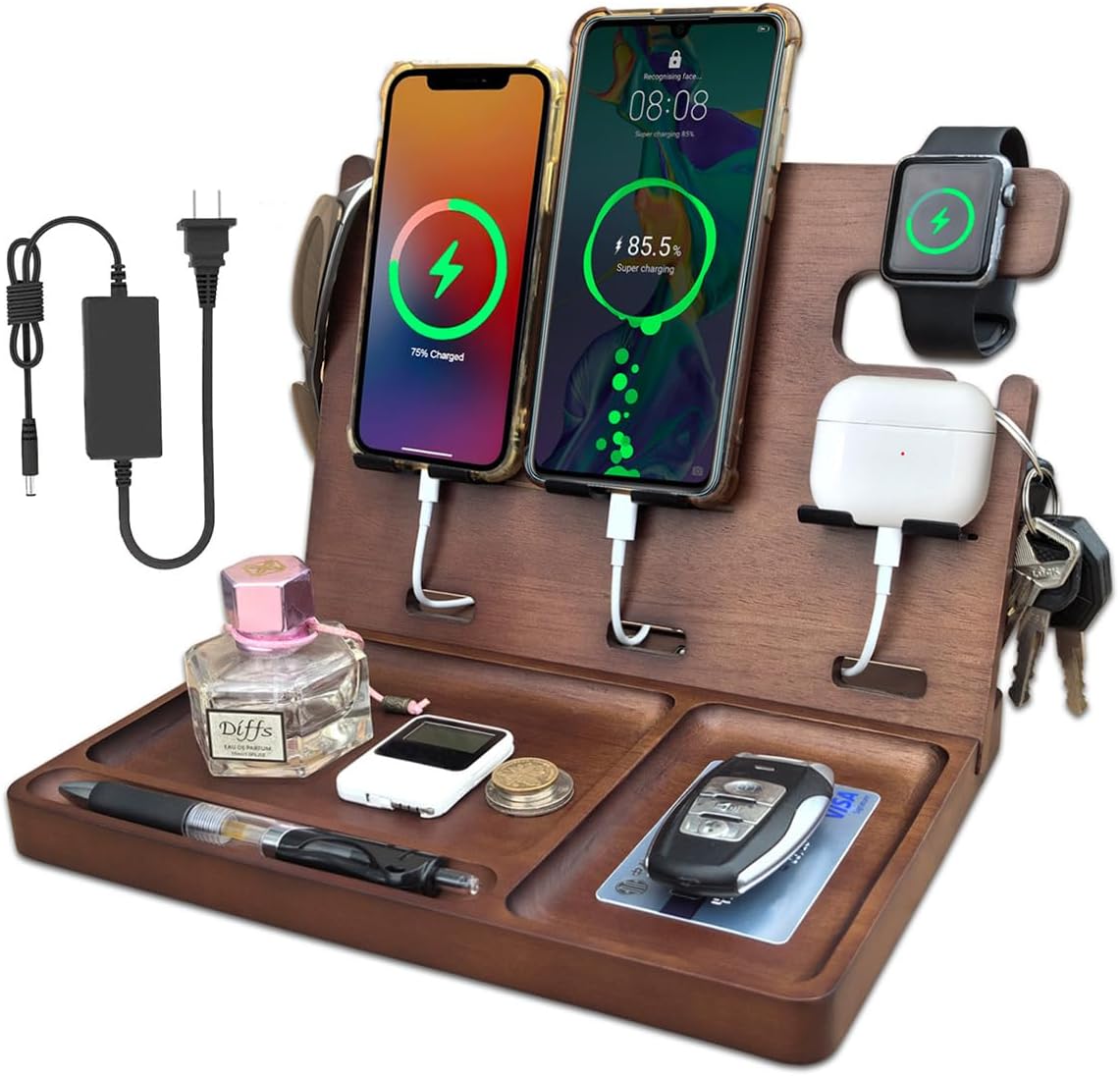 Wood Phone Docking Station with Drawer Nightstand Organizer for Men Dual Phone Charging Station for iPhone Samsung Google Desk Organizers Anniversary Birthday Gifts for Men Dad Him Husband