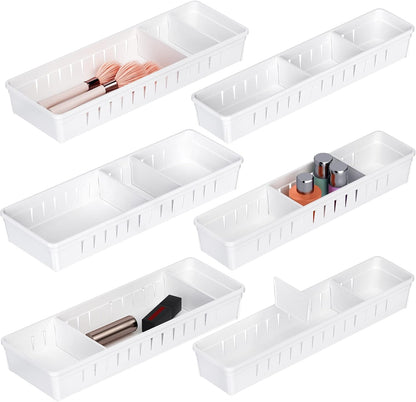 Desk Drawer Organizer Tray, 4 Pack Expandable Drawer Organizer with Dividers Adjustable, Bathroom Organizer Bins for Junk, Office, Makeup, Kitchen Utensil