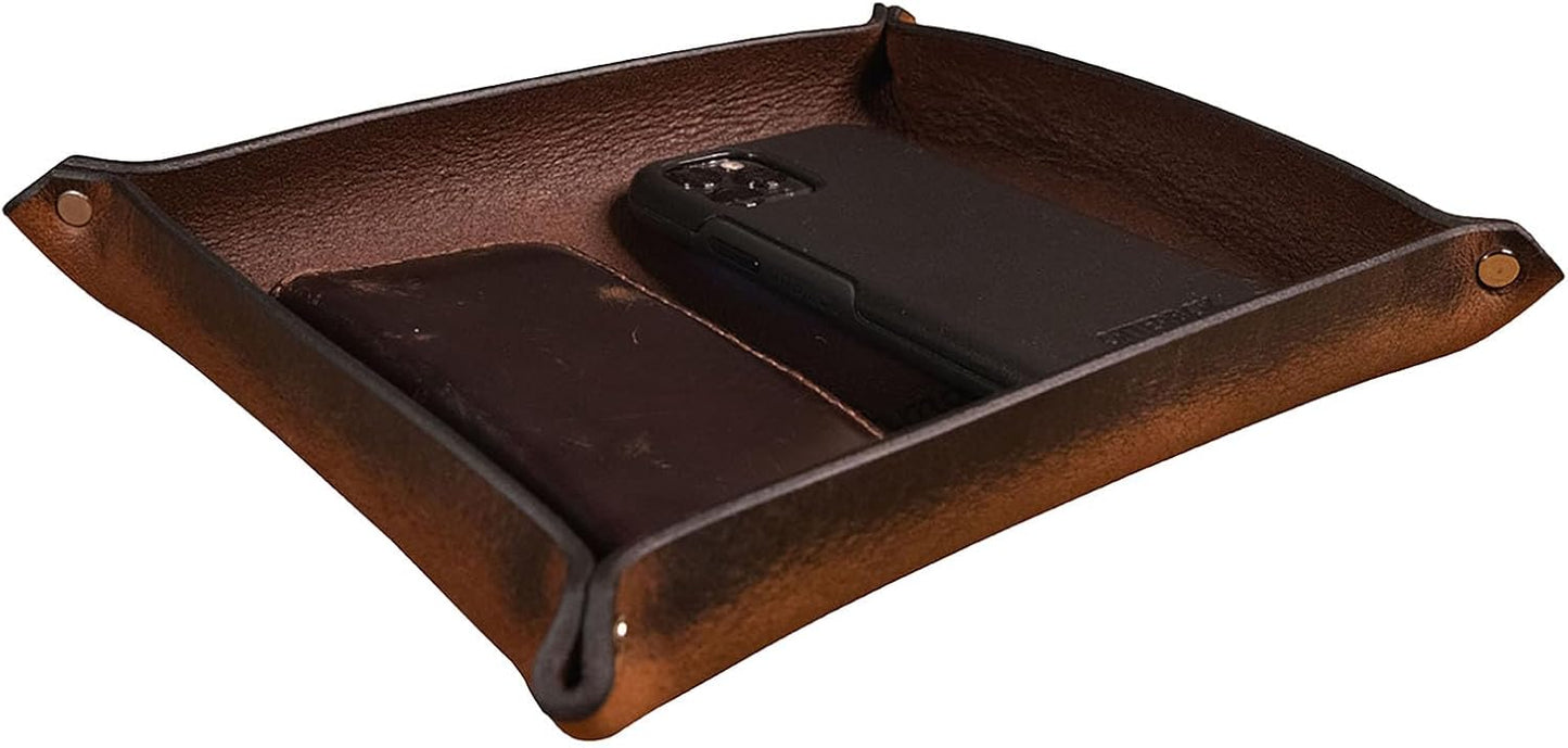 Valet Tray – Full-Grain Leather Catchall Organizer for Keys, Phone & Wallet – Rustic Nightstand & Desk Tray with Raised Sides – Handmade in USA (Vintage Brown, Small Rectangle)