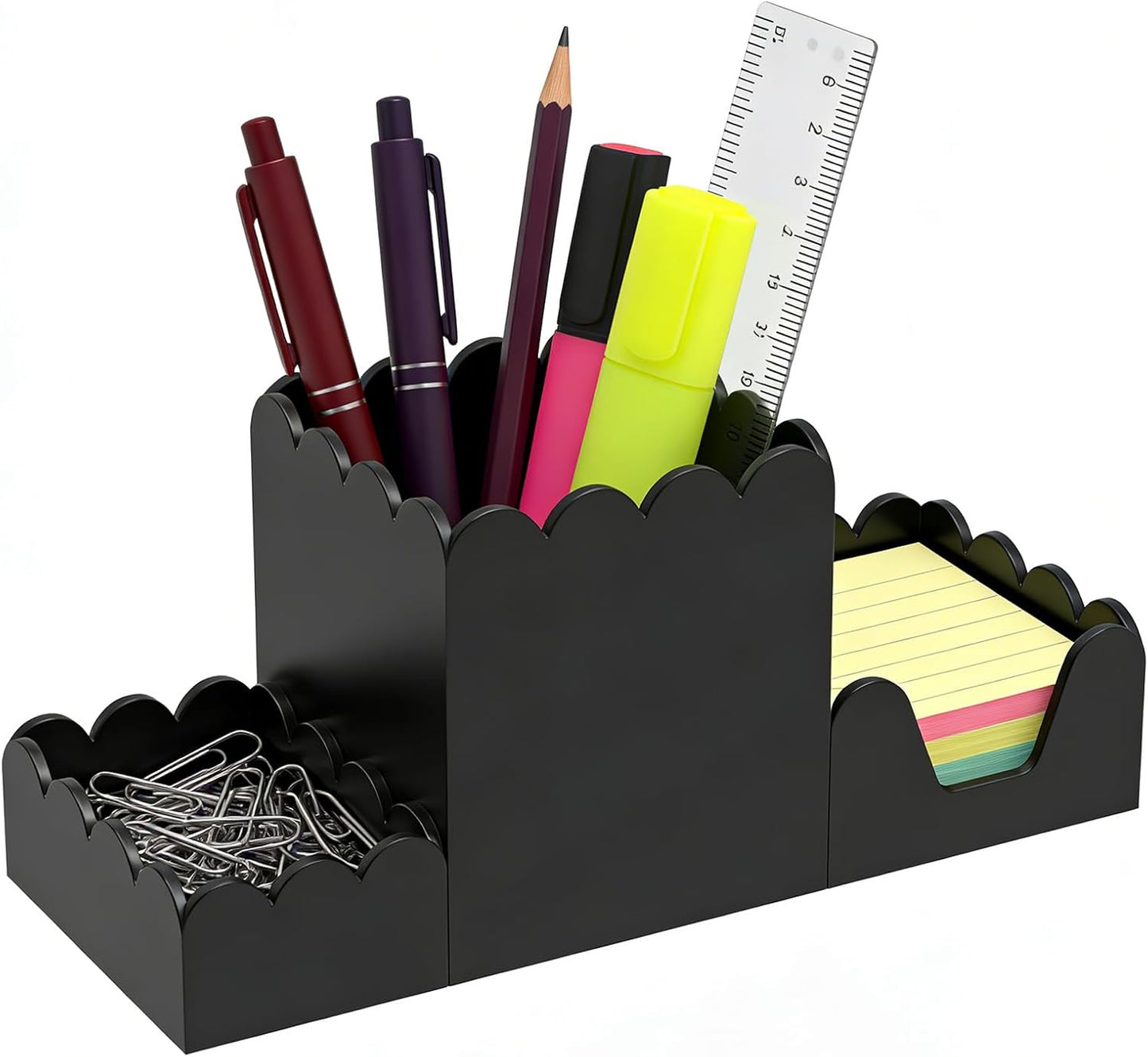 YAGELI Black Acrylic Desk Organizer Set of 3, Magnetic Modular Pen Holder with Sticky Notes & Paperclip Tray, Aesthetic Desk Accessories for Home Office & Minimalist Decor