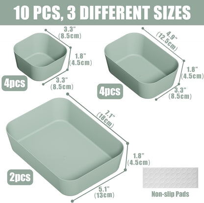 Plastic Drawer Organizers, 10 PCS Drawer Organizer Bins, Bathroom and Vanity Organizer Plastic Tray, Makeup organizer and storage for Makeup, Bedroom, Kitchen Gadgets Utensils and Office (Green)