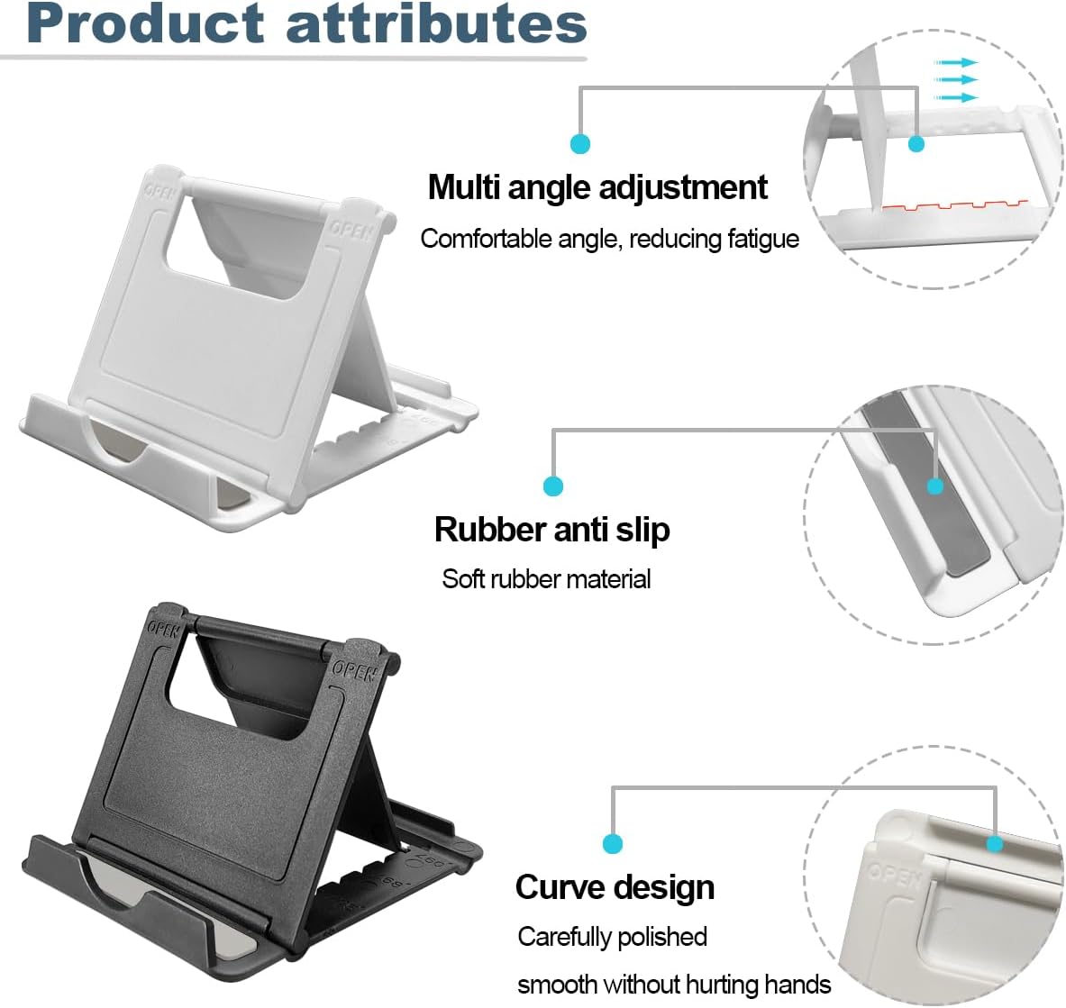 POQOD 2 Pack Cell Phone Stand, Foldable Phone Holder for Desk Compatible with Phone 15 14 13 12 11 Pro Xs Xs Max Xr X 8, Nintendo Switch, All Phones, Black & White