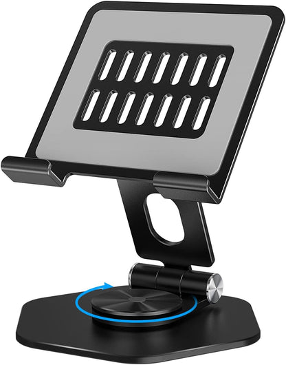 Aluminum Tablet Stand for Desk, 360° Swivel iPad & Tablet Holder – Thickened Material & Foldable Desktop Mount for 5–12.9in Devices, Black