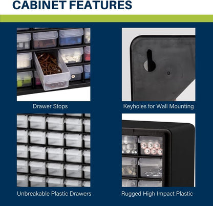 Akro-Mils 24-Drawer Plastic Drawer Storage Cabinet for Garage Organization, Bead Organizer, Building Bricks Storage, Teacher Toolbox, Makeup Organizer, 20" W x 6" D x 16" H, 10124 Black