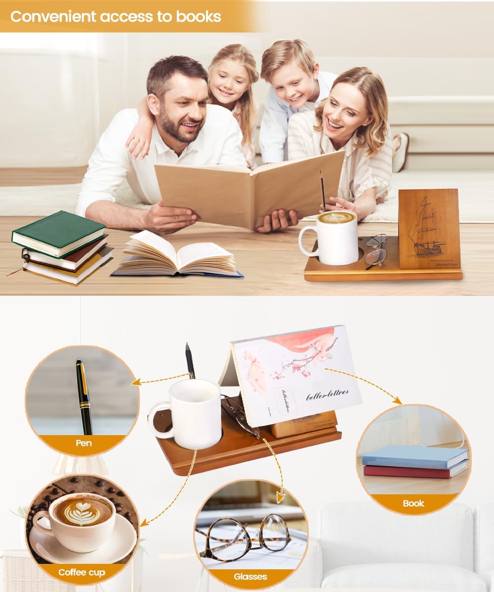 Wood Desktop Book Stand for Reading Rest Birthday and Mothers Day Gifts, Book Page Holder Thumb Bookmark,Magnet Couple Photo or Note, Book Accessories, Triangle Book Nook with Cup for Book Lovers