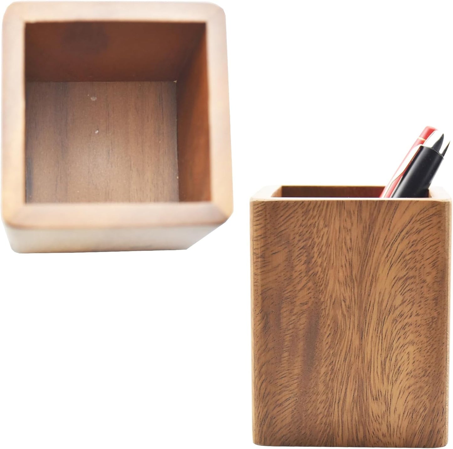 Walnut Wooden Pencil Holder Cup for Desk Natural Wood Pen Holder Stand for Office Home (Square)