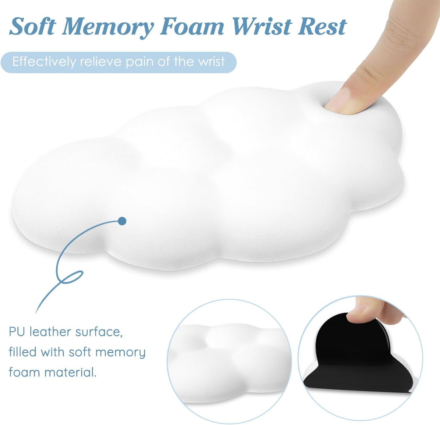 Cloud Wrist Rest Cushion for Mouse Ergonomic Soft PU Leather Memory Foam Wrist Pain Relief Mouse Wrist Support Pad with Anti-Skid Base for Office School Home Laptop & Computer Mouse (Black)