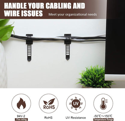 50Pcs Adhesive Cable Management Clips with 50Pcs Zip Ties, Adjustable Nylon Cable Strap Ties Wire Clips Clamps Organizer with Strong Adhesive Tape, Extra Screw & Hole - 3.35 Inch Black