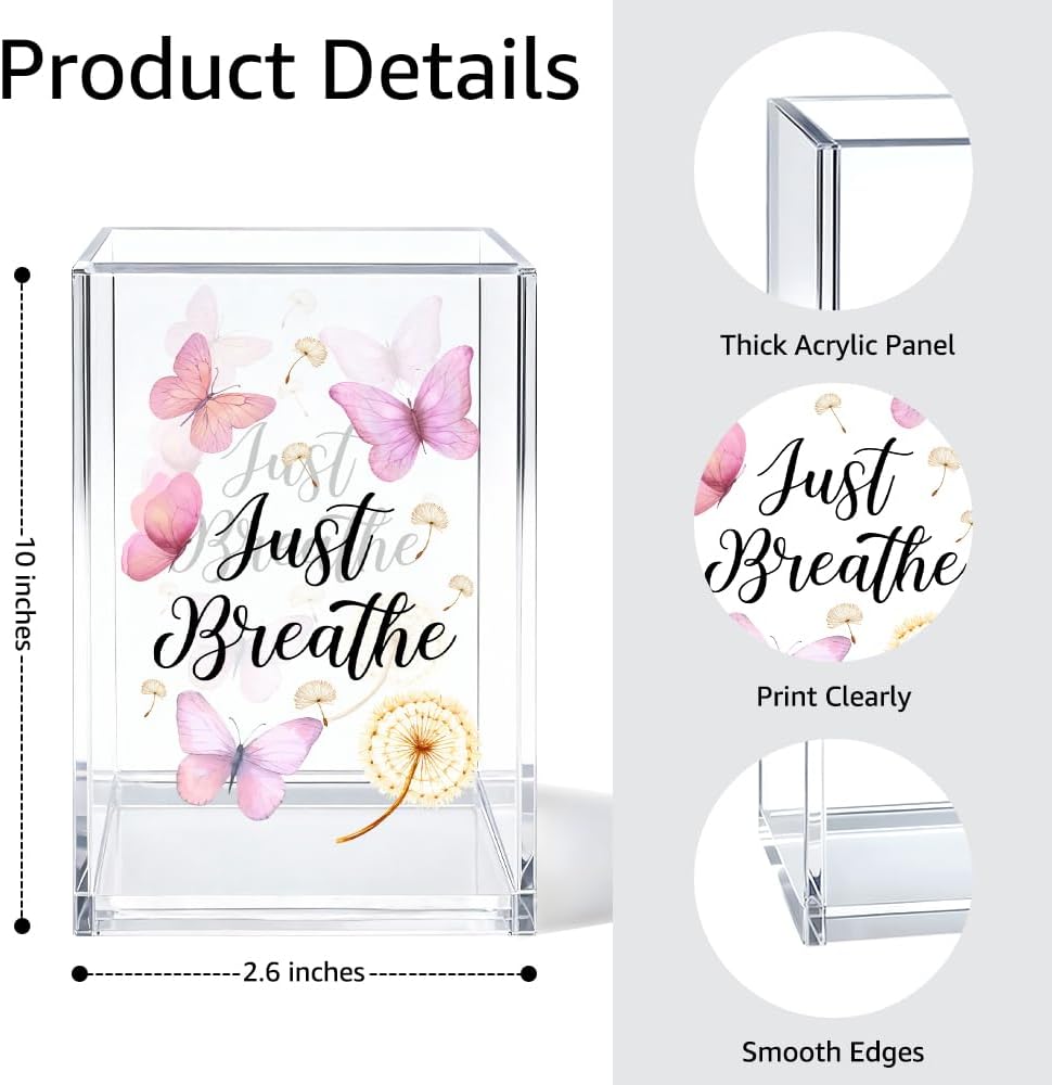 Just Breathe Acrylic Cosmetic Organizer Pen Holder, Anxiety Relaxing Acrylic Desk Holder Cup for Pen Pencil, Dandelion Desk Organizer, Mental Health Office Gifts for Coworker Leader Friend
