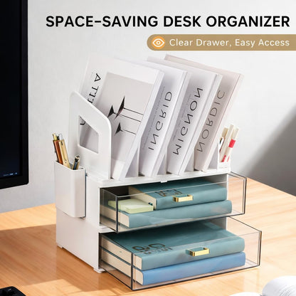 CiWiVOKi Desk Organizer with 2 Vertical File Holder, 4 Tier Stackable Paper Letter Tray File Organizer with 5-Compartments Pen Holder, Clear Desktop Organizer Office Organization and Storage