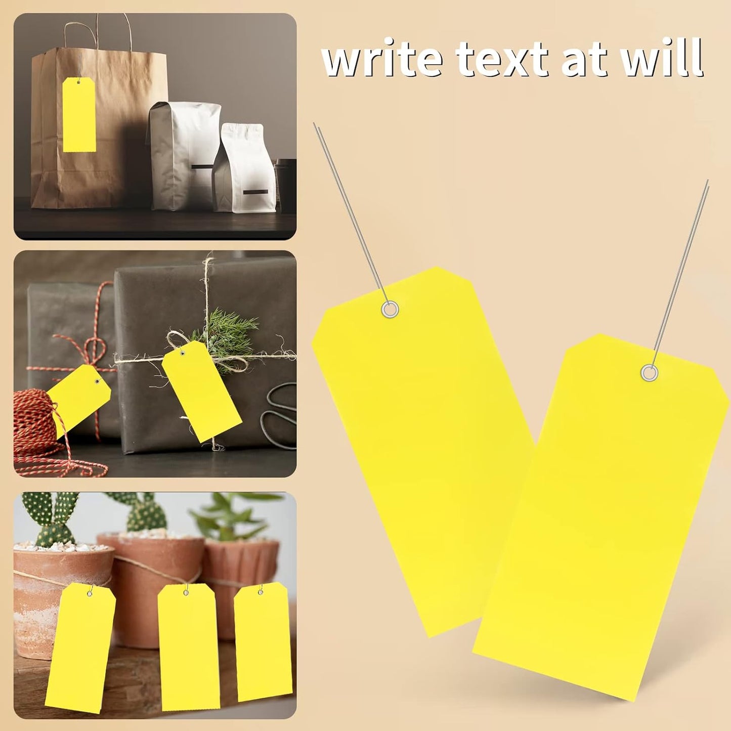 XUWAIDSGN 100 Yellow Plastic Shipping Tags with Wire, Pack of 100, 4 3/4" x 2 3/8", Durable, Waterproof, Blank, Writeable, Multi-Purpose Labels