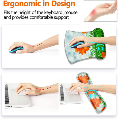 Ergonomically Upgraded Keyboard Wrist Rest and Comfortable Gel Mouse Pad Set, Non-Slip Rubber Base Cute Coaster, for Work, Game Home, Sunflower