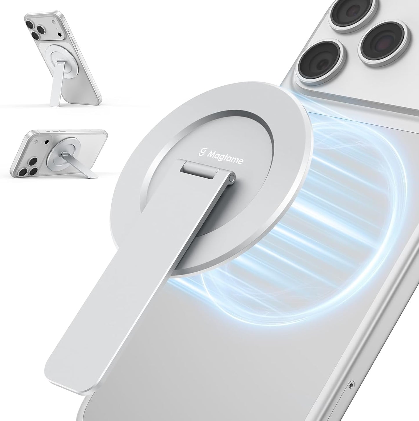 Magtame Double-Sided Magnetic Phone Stand Grip, Strong Magnetic Kickstand Desk Holder for Mag&Safe and Smartphone, Foldable Adjustable Design, Silver