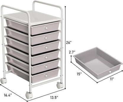 4-Tier Utility Cart with 4 Drawers, Rolling Utility Cart with 2 Lockable Caster Wheels, Multipurpose Mobile Rolling Drawer Cart for Office Bathroom Kitchen, Ivory White