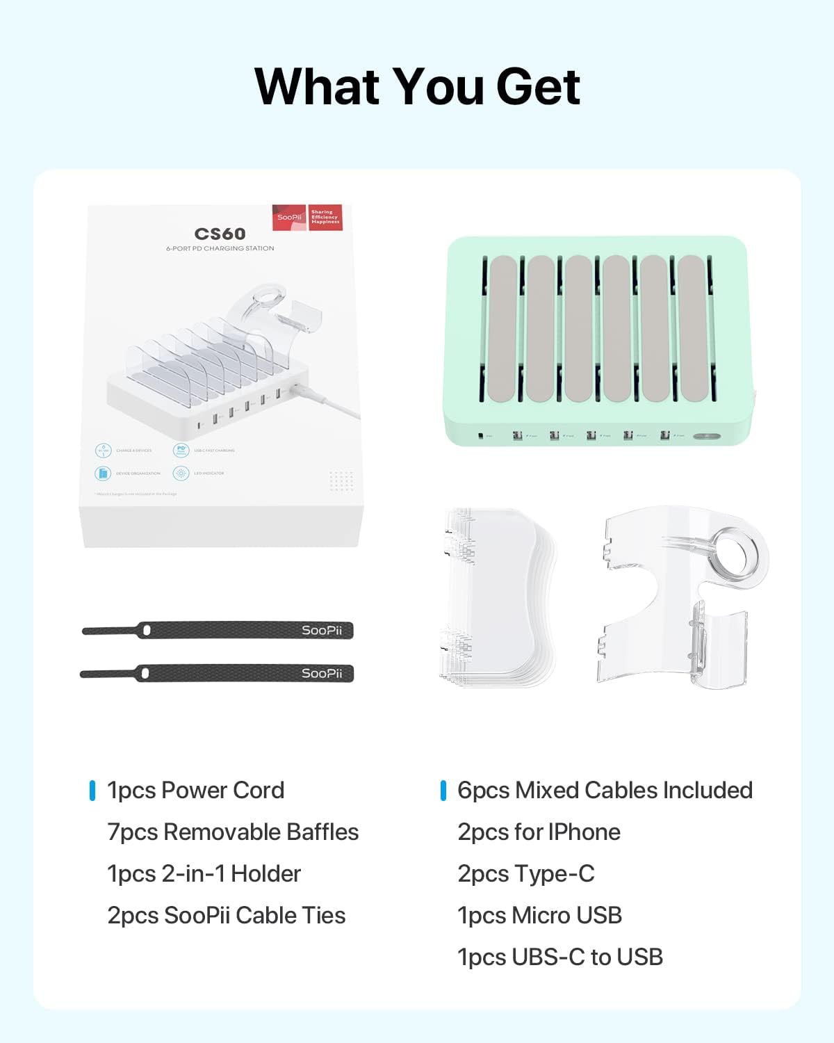 SooPii 60W 6-Port PD Charging Station for Multiple Devices, 20W PD USB C Fast Charging for lPhone 14/13/12,6 Short Cables Included, 2 in 1 Holder,for Phones,Tablets and Others…