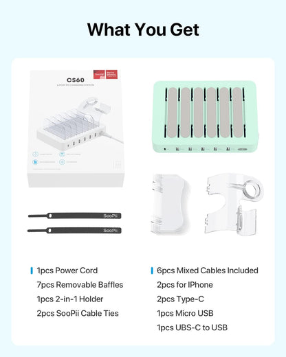 SooPii 60W 6-Port PD Charging Station for Multiple Devices, 20W PD USB C Fast Charging for lPhone 14/13/12,6 Short Cables Included, 2 in 1 Holder,for Phones,Tablets and Others…