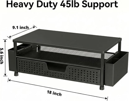 ECOLOVI Desk Organizer and Accessories, 2-Tier Computer Monitor Stand Rise with Storage Drawer & 2 Pen Holders, Laptop & Printer Stand for Desktop, Workspace Organizers for Office Supplies (Blue)