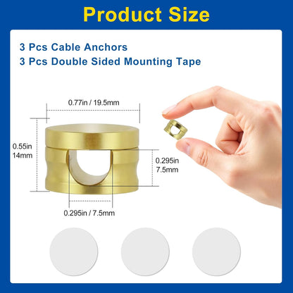 3 Pack Upgraded Cord Management Clips with Extra-Large Adhesive Base, Stronger Hold Phone Charger Holder for Nightstand, Premium Aluminum Gold Sticky USB Wire Organizer Cable Clips for Desk