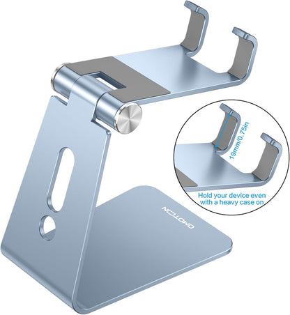 Adjustable Cell Phone Stand, OMOTON Aluminum Desktop Cellphone Stand with Anti-Slip Base and Convenient Charging Port, Fits All Smart Phones, Silver