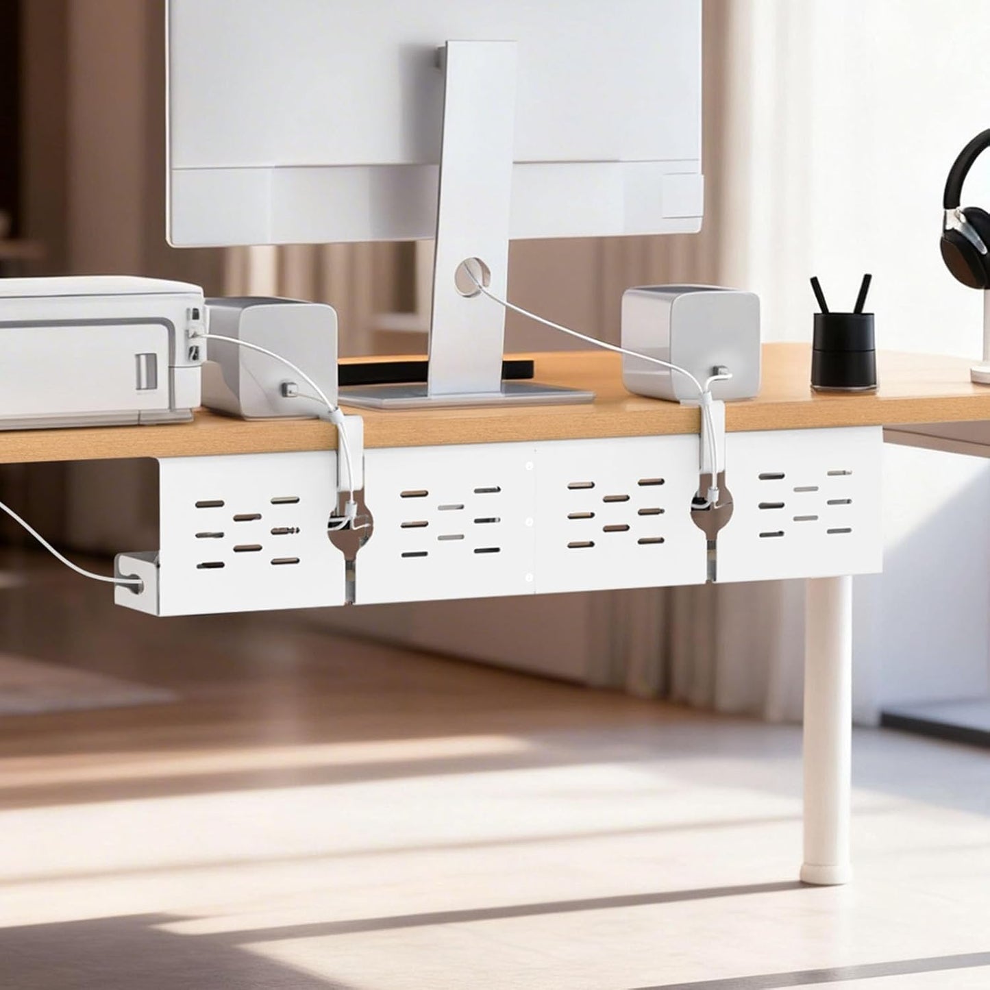 Univivi Under Desk Cable Management Tray - 32" Steel Cord Organizer, No-Drill C-Clamp & Screw Mount for Office/Home, Effortless Wire Management (Black)