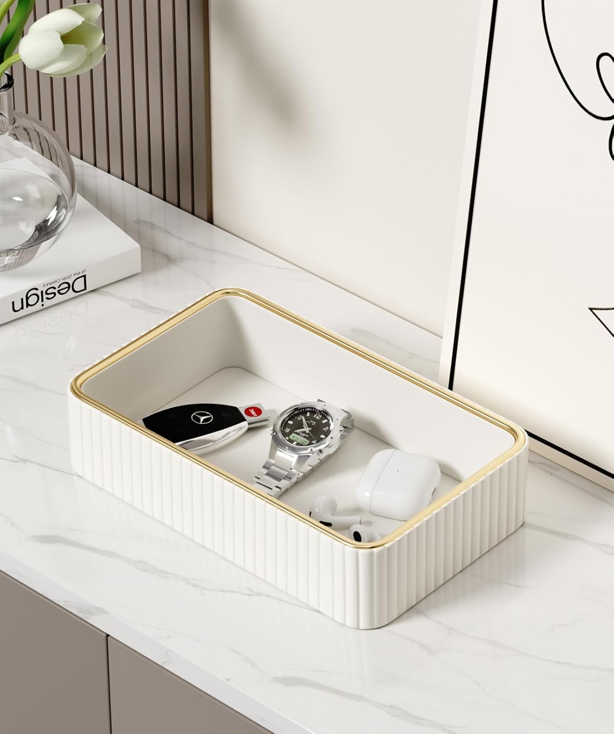 Desk Organizer Tray, PU Leather Nightstand Organizer Perfume Valet Tray for Men Women, Decorative Vanity Trays Trinket Dish Key Bowl for Entryway Table (2pcs, Ivory, Large+Small)