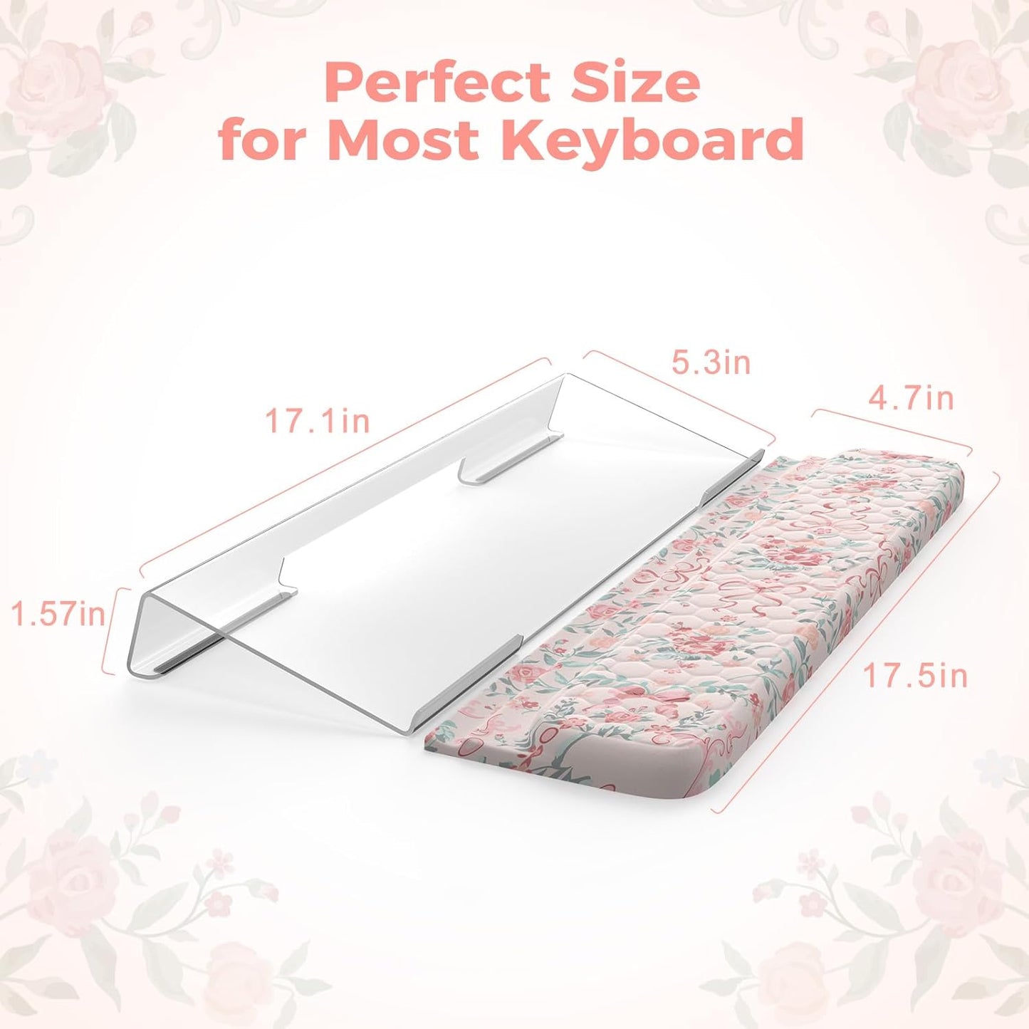 2 in 1 Keyboard Stand for Desktop, Floral Wrist Support for Keyboards, Anti-Fatigue Memory Foam Wrist Rest for Computer, 3-Angle Adjustable Keyboard Riser for Office Home (Pink Bow)