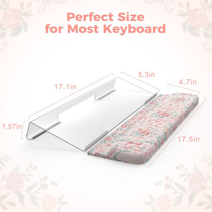 2 in 1 Keyboard Stand for Desktop, Floral Wrist Support for Keyboards, Anti-Fatigue Memory Foam Wrist Rest for Computer, 3-Angle Adjustable Keyboard Riser for Office Home (Pink Bow)
